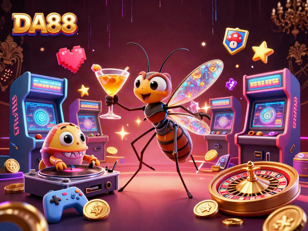 Engage with DA88's vibrant casino scene featuring a lively cocktail-holding mosquito and a DJ trilobite.