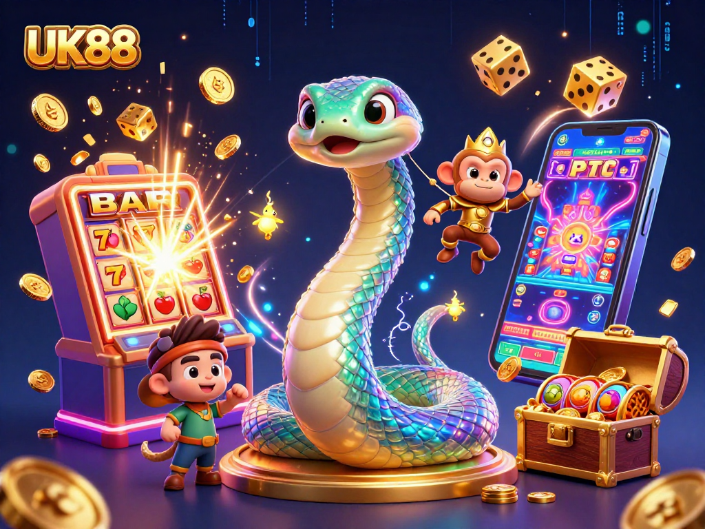 Experience UK88's vibrant jackpot excitement with a lively 3D casino scene featuring colorful game elements and characters.