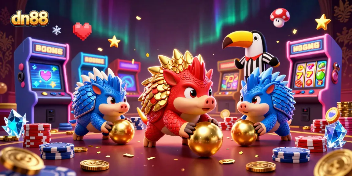 Engage with the dn88 casino game extravaganza featuring rival pangolins amid poker chips and vibrant gaming elements.