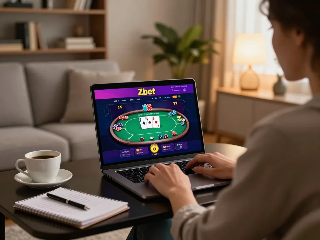 Engaged player using laptop at home with engaging poker game from https://Zbetat.com/ amidst cozy atmosphere and strategic notes.