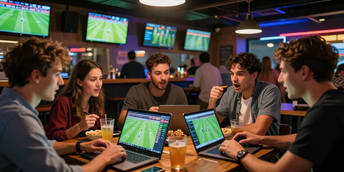Voetbalwedden in een levendige sportbar met vrienden, laptops en voetbalwedstrijden op de achtergrond.