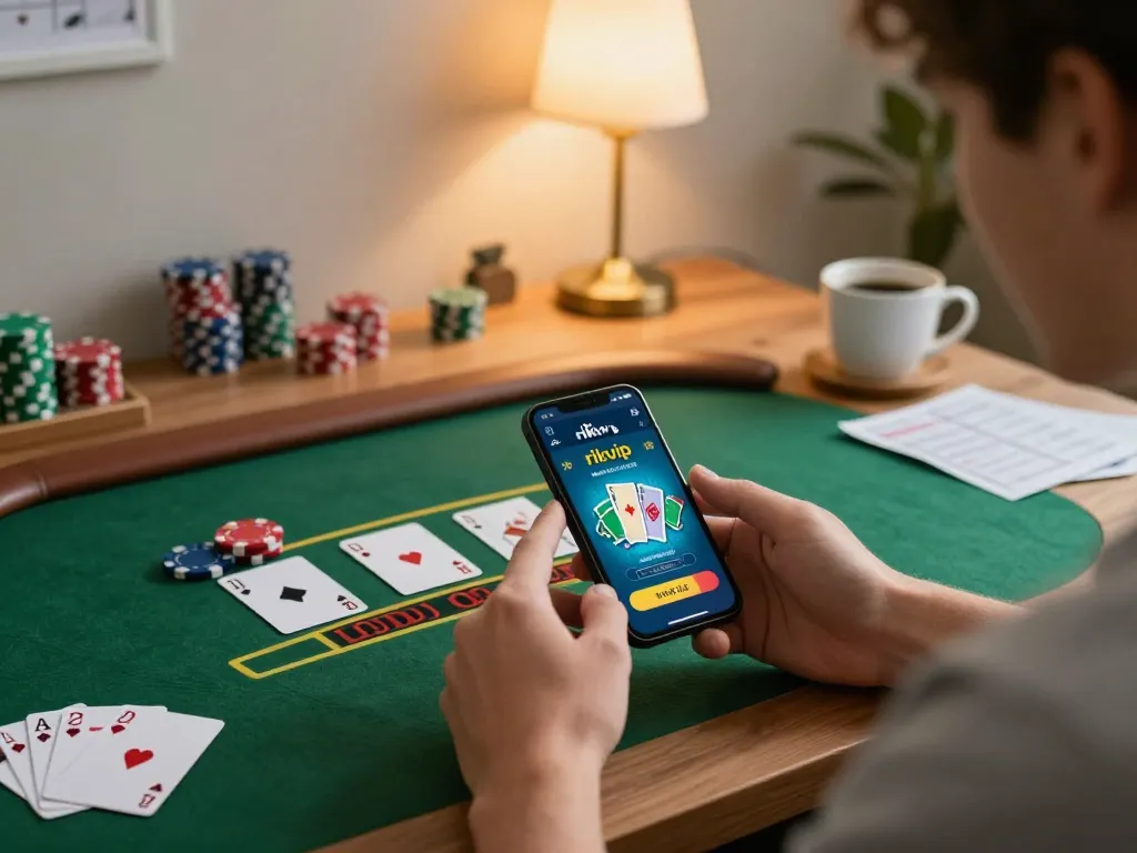Player enjoying blackjack on the rikvip app, featuring a stylish home setup with warm lighting.