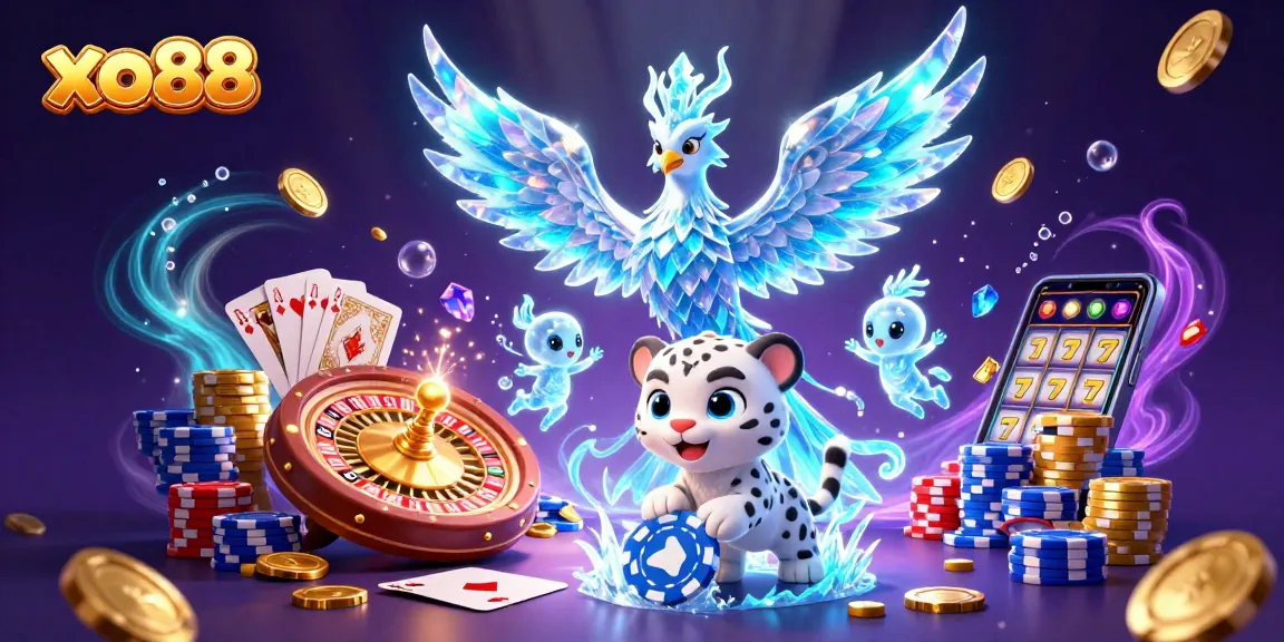 Win big with xo88: an enchanting 3D casino scene featuring fantasy creatures and shimmering gaming elements.