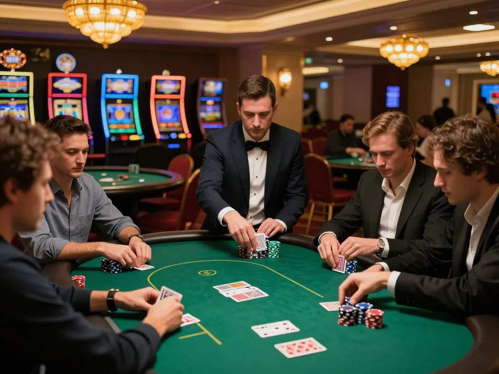 23WIN poker game excitement with players strategically placing bets and dealers managing action.
