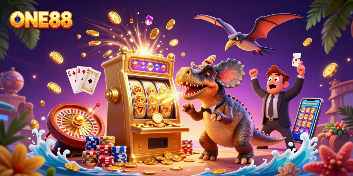 ONE88 slots scene with dinosaurs celebrating a jackpot, cascading coins and card games.