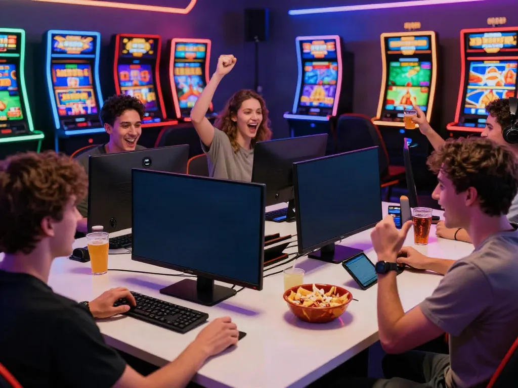 Excited players enjoying online gaming at five88 with vibrant screens and celebratory atmosphere.