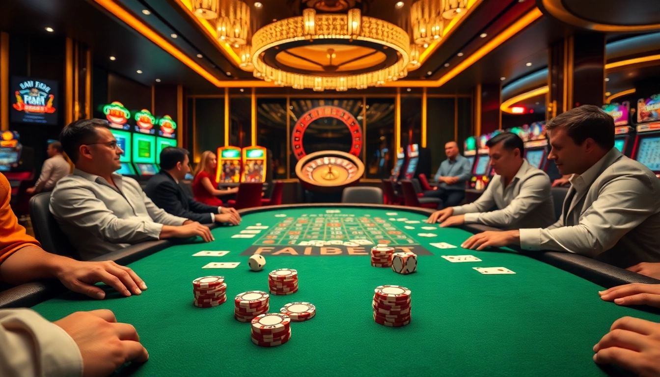 FABET gaming scene with poker table, chips, and roulette wheel highlighting excitement.