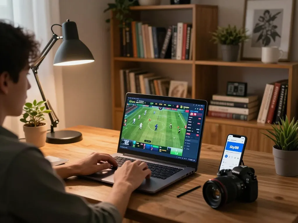 Engaging in online sports betting using the Link truy cập Sky88 application on laptop