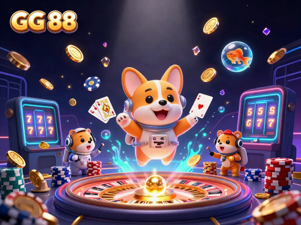Play and win with GG 88 in a vibrant space station casino filled with floating treasures and playful characters.