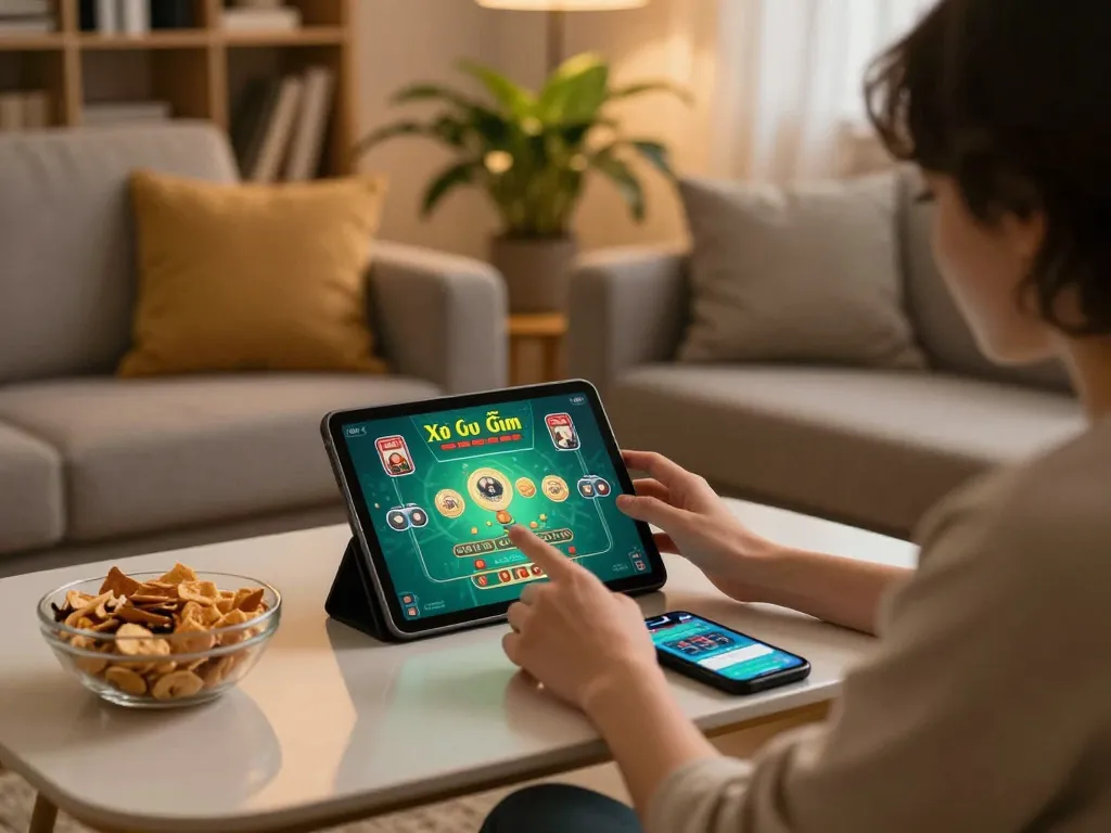 Xóc đĩa gameplay on a tablet, showcasing a cozy home gambling experience