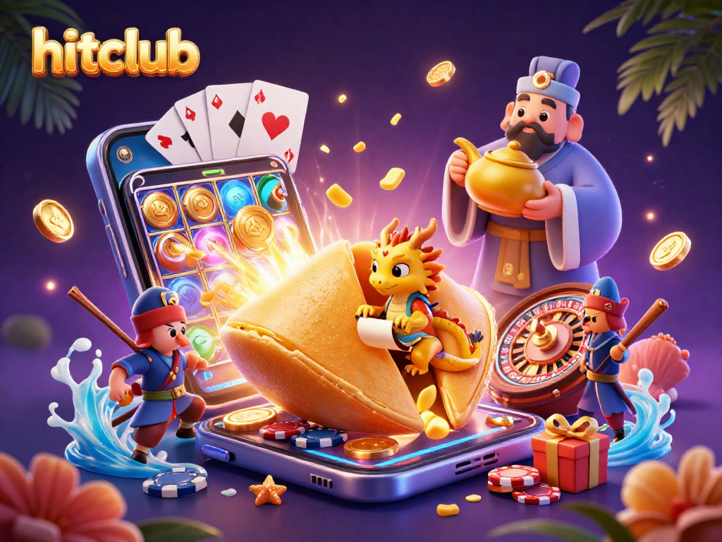 Hitclub players enjoy a vibrant 3D illustration of a golden fortune cookie surrounded by exciting casino game elements.