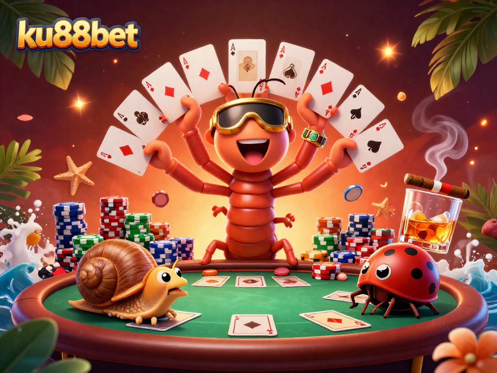 Experience the thrill of ku88bet with a colorful casino scene featuring playful characters and poker elements.