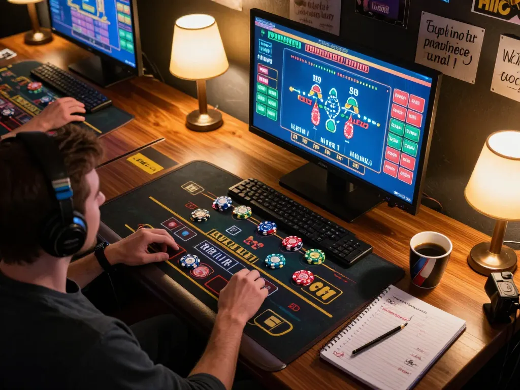 Engaging with the Link truy cập Dabet while playing live dealer games online, showcasing vibrant gaming interfaces and strategic planning.