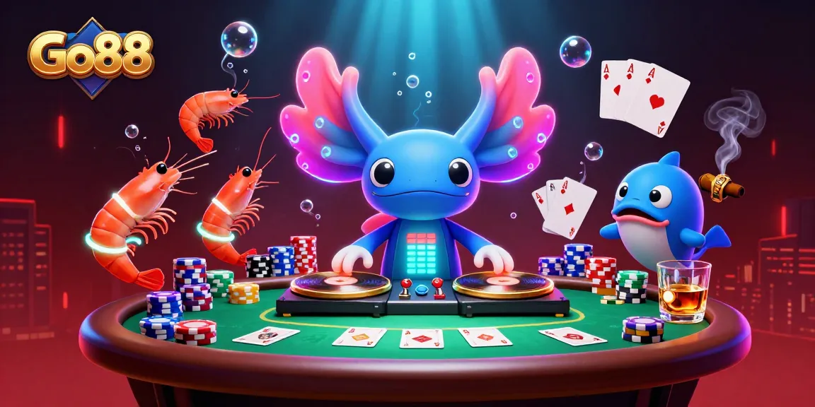 Go88 hosts an exciting underwater casino party with vibrant characters like an axolotl DJ and dancing shrimp.