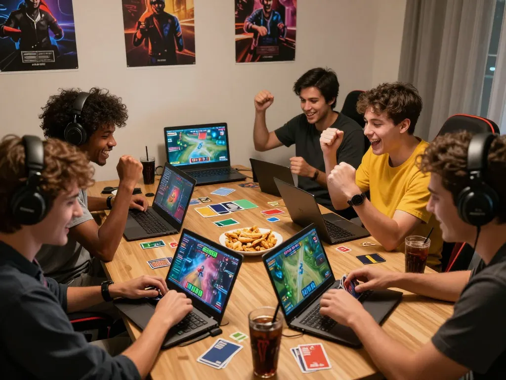 B52Club group enjoying online card games together, showcasing vibrant graphics and snacks.