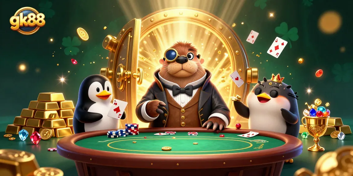 gk88 offers thrilling underwater poker action with charming characters surrounded by treasure.
