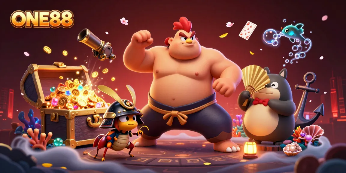 ONE88 showcases a vibrant scene of a powerful sumo wrestler rooster, with a lively thematic design.