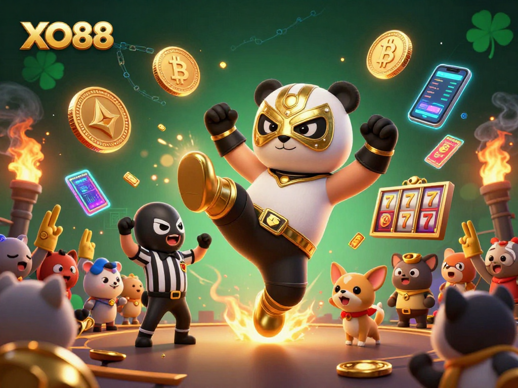 Join the excitement of XO88 casino as the panda wrestler soars while animal fans cheer and crypto coins light up the scene!