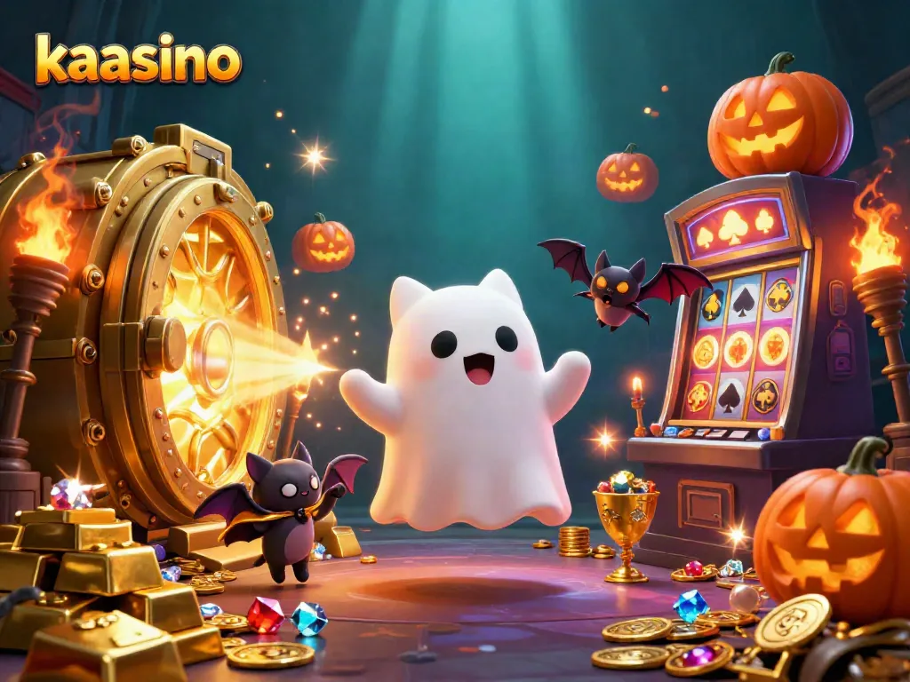 Experience exhilarating gaming action at kaasino with a ghostly cat and vampire bat amid vibrant casino treasures