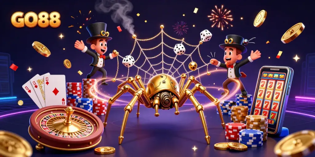 Engage with GO88's vibrant casino experience featuring dynamic gaming elements in a rich, animated scene.