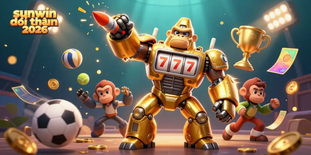 Experience sunwin đổi thưởng 2026 with a thrilling 3D gaming illustration showcasing excitement and action.