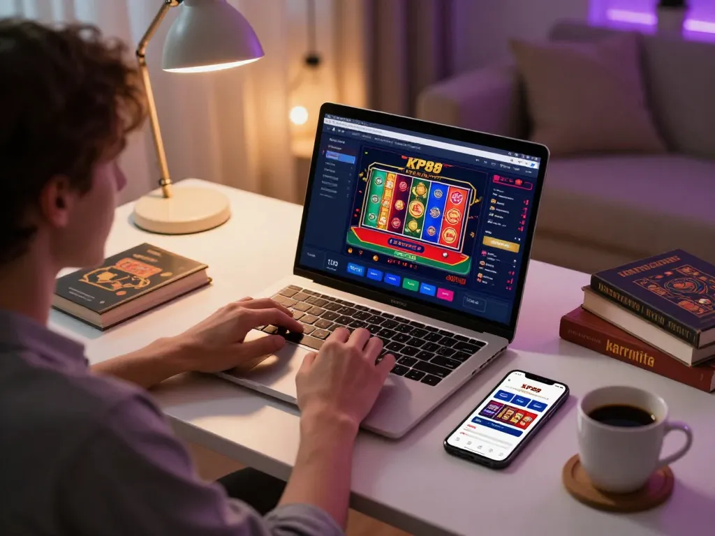 Engaging online gaming session on KP88 with a focus on poker and mobile betting options in a cozy home office.