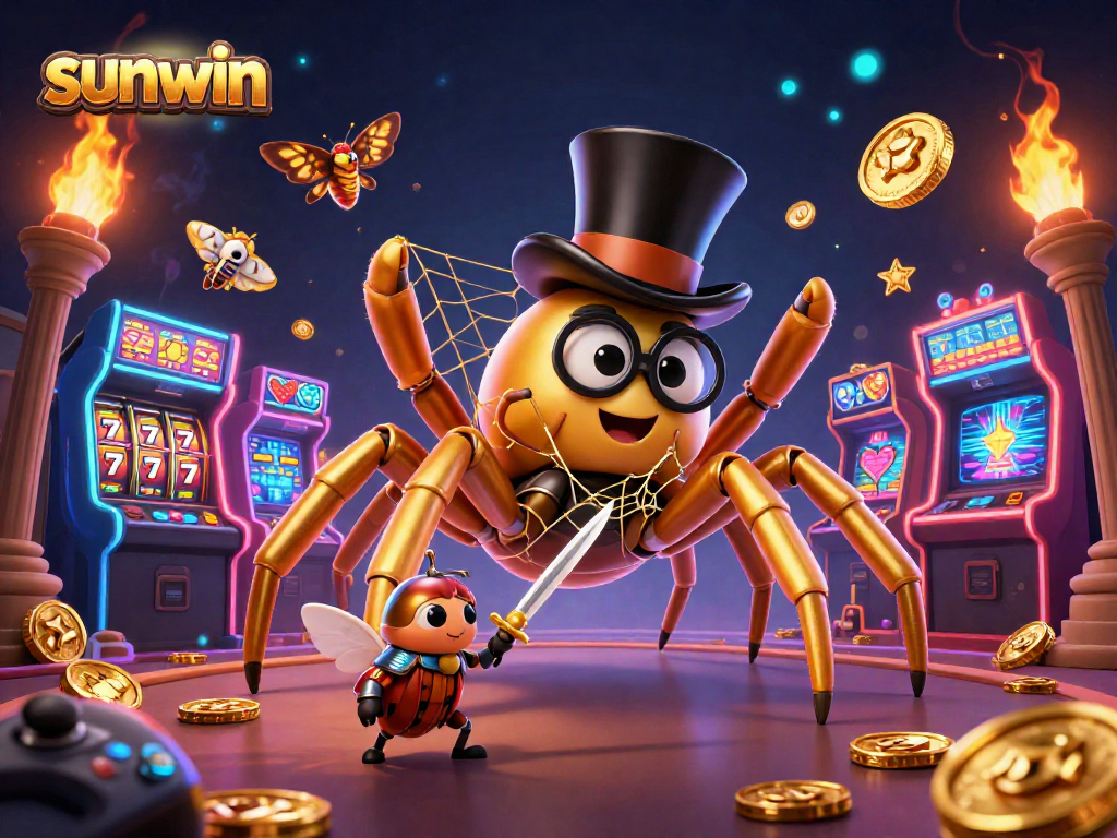Experience thrilling moments with sunwin as our golden tarantula spins a jackpot web in a vibrant casino atmosphere.