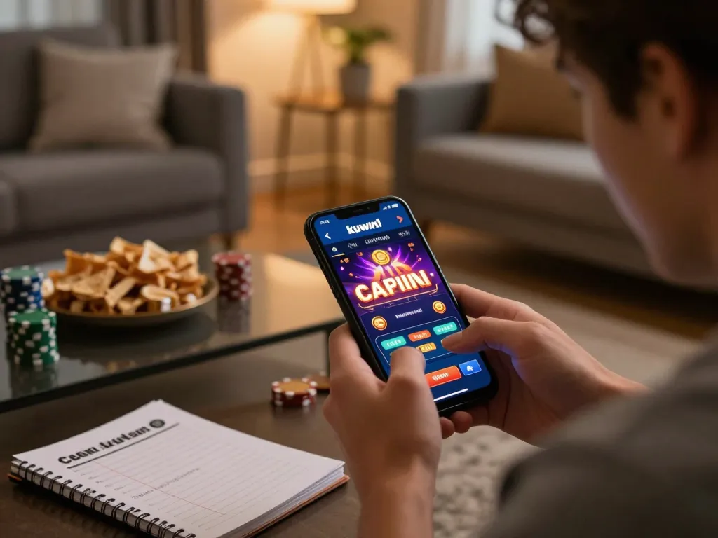 Kuwin1 casino app interface displayed on smartphone during an engaging online gambling moment.