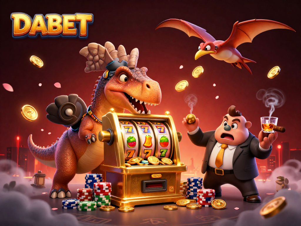 DABET casino scene with dinosaurs and a golden slot machine hitting a jackpot