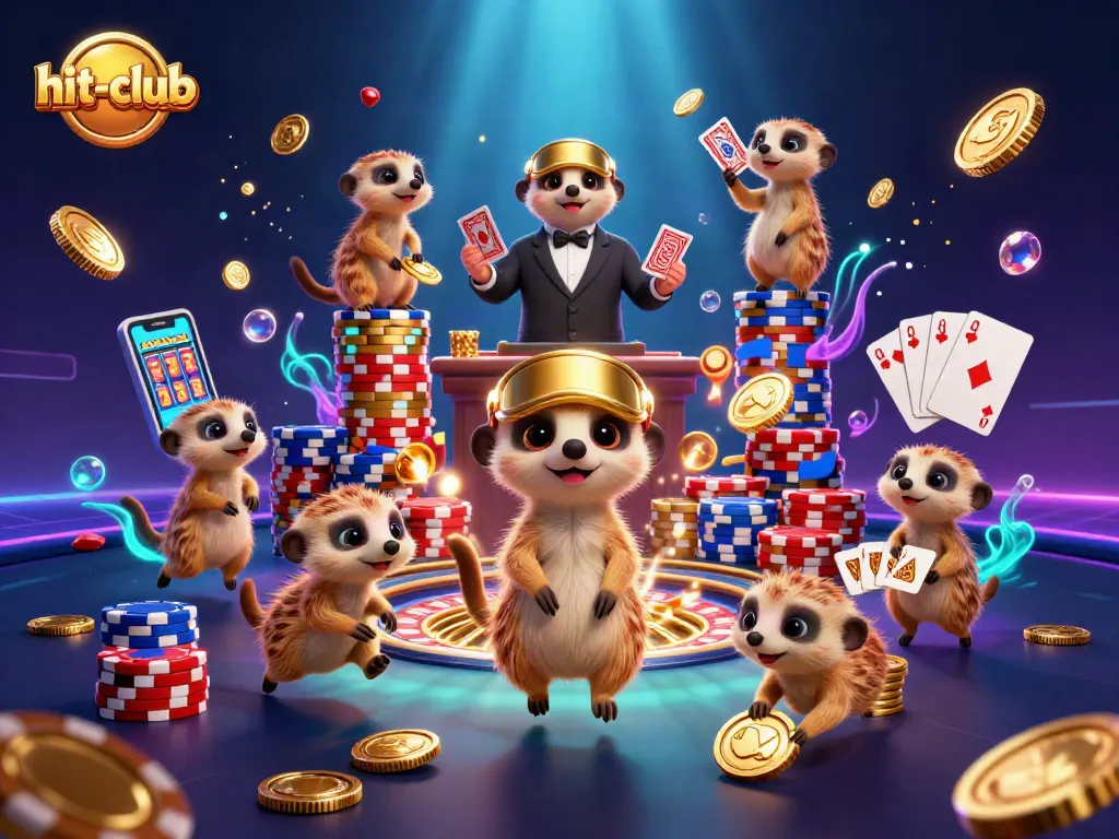 Engaging meerkats in a vibrant hit-club casino scene showcasing thrilling gaming action.