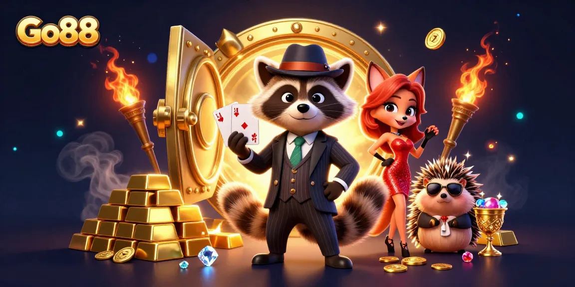 Experience thrilling gameplay at Go88 with a charming raccoon playing cards and surrounded by treasures.
