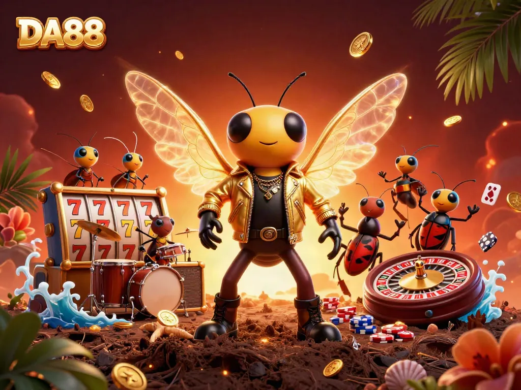DA88 brings excitement with a vibrant 3D casino scene featuring cartoon characters and dynamic game elements.
