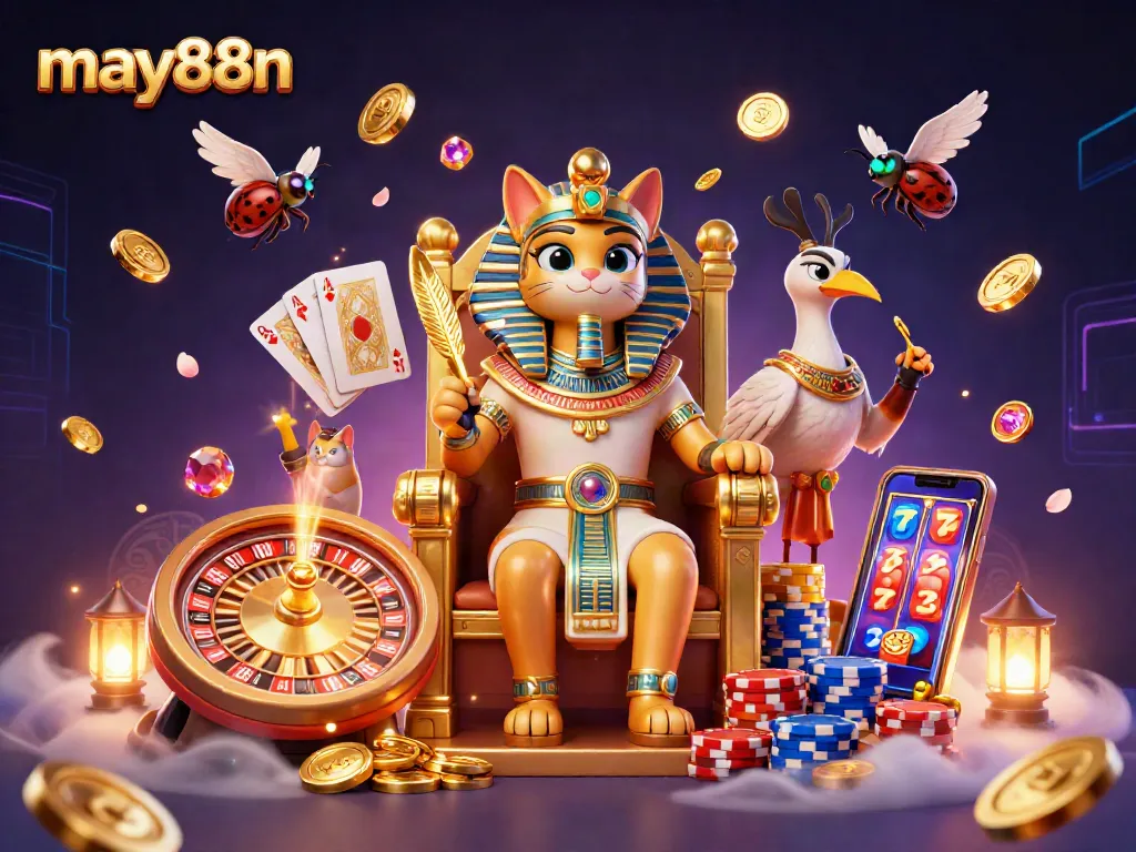 Engage with may88n by experiencing thrilling casino games and stunning visuals in a vibrant 3D illustration.
