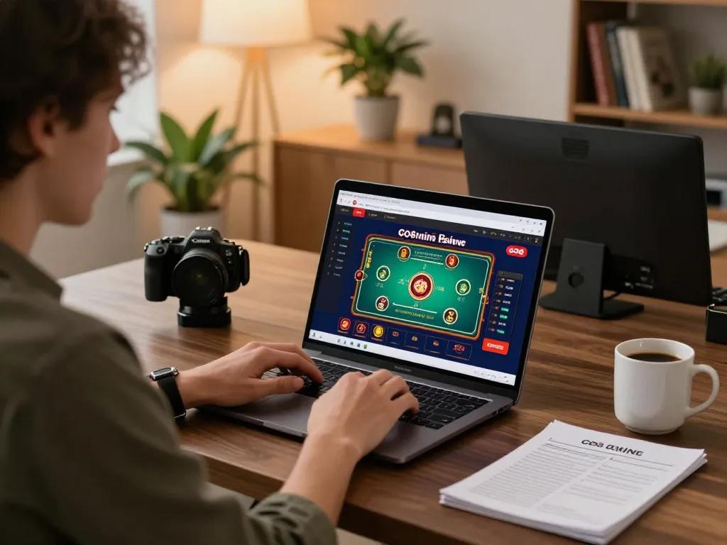 Player engaging with the GO8 online casino interface, surrounded by gaming strategy notes in a cozy home setup.