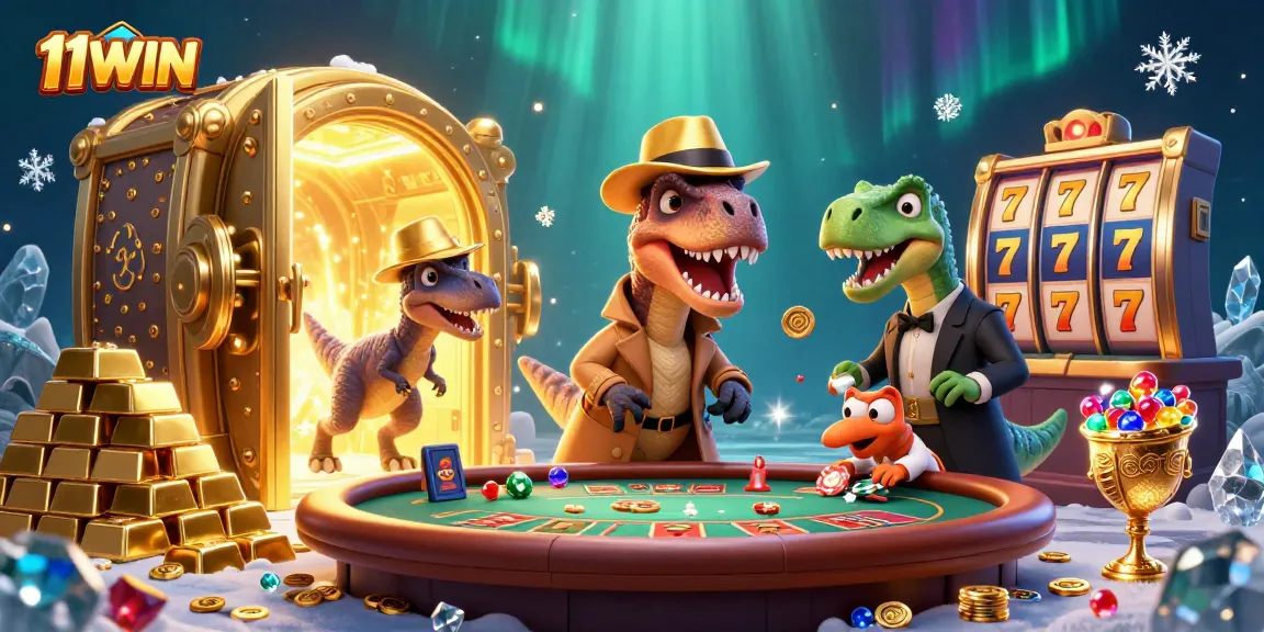 Engage with the thrilling 11WIN scene featuring dynamic casino characters and gold treasures cascading.