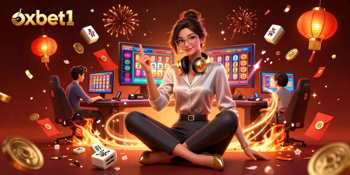 Engage with thrilling games at oxbet1 featuring an elegant gamer in a vibrant casino setup.