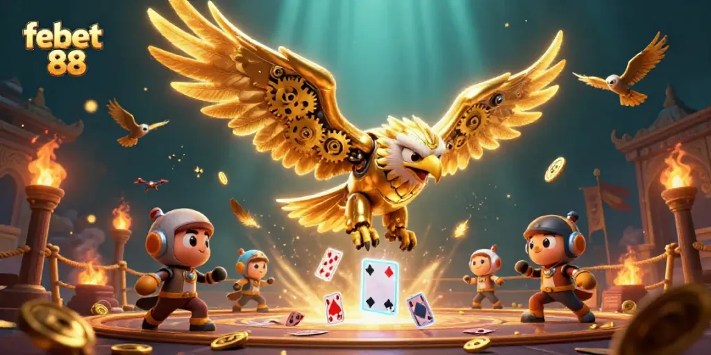 Experience the excitement of febet 88 with a golden eagle soaring among vibrant casino elements.