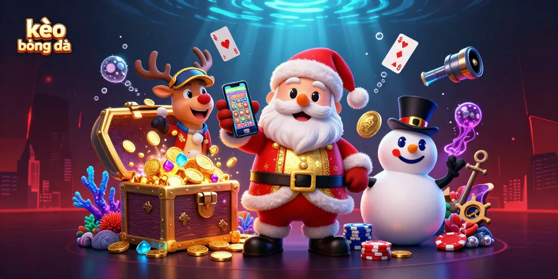 Experience kèo bóng đá excitement with a vibrant casino scene featuring Santa and festive characters.