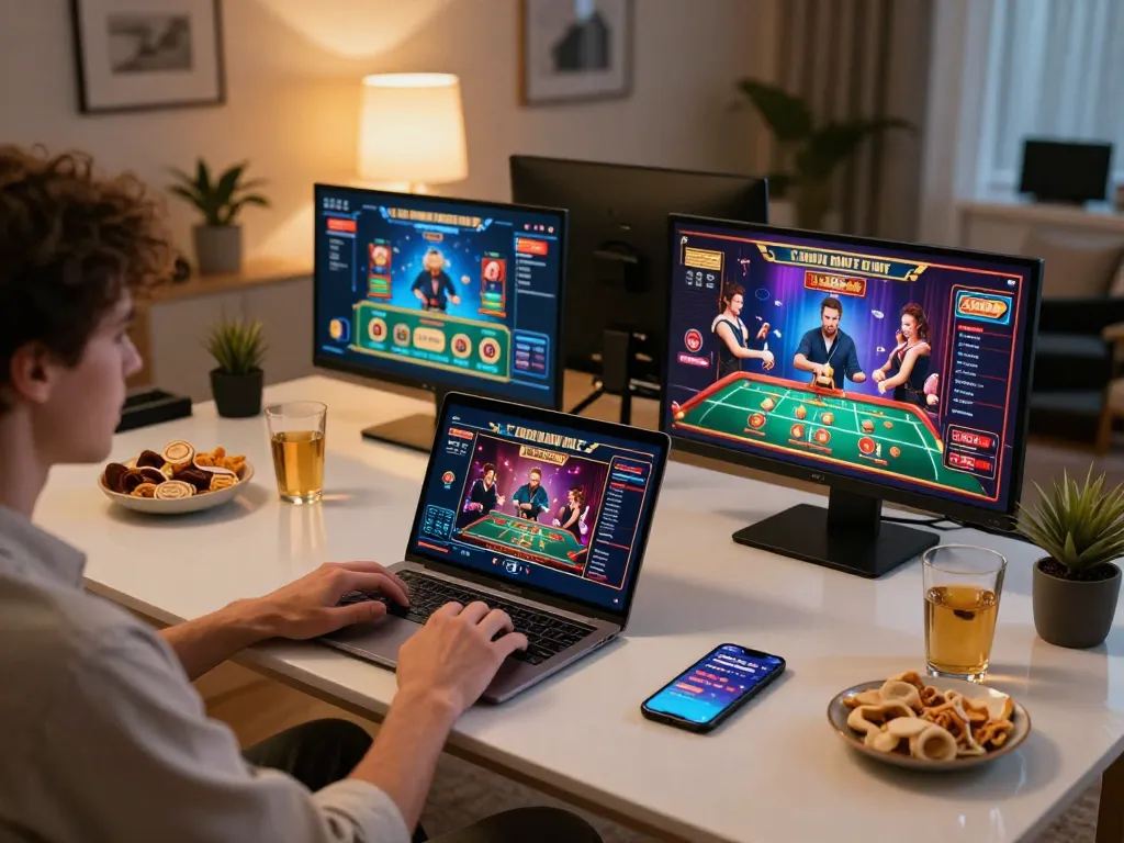 Player engaging with lv88 online casino gaming on multiple devices in a cozy home setup.
