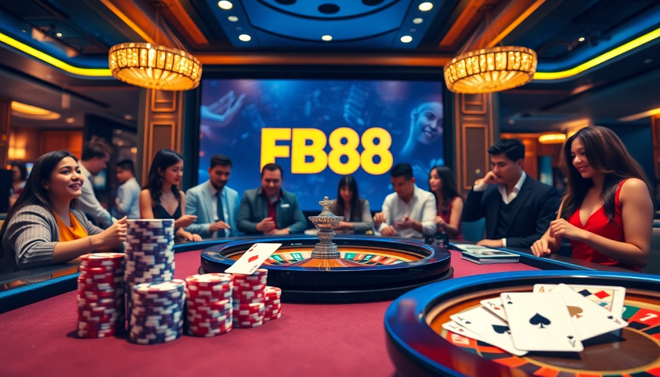 Exciting scene of gamblers engaging in a game at FB88 casino, showcasing poker chips and a roulette wheel.