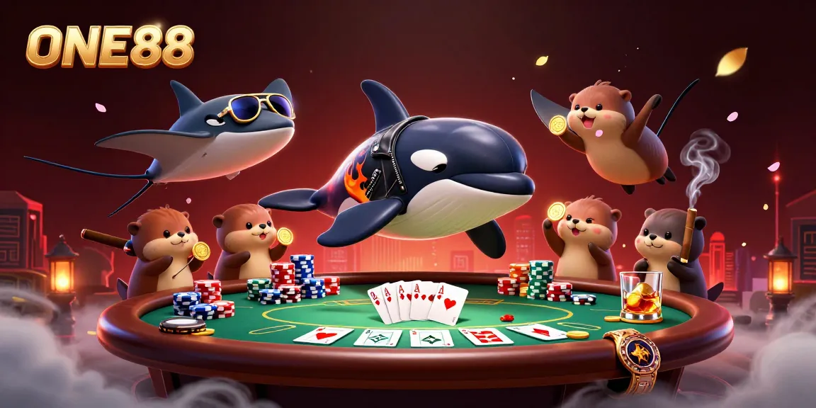 ONE88 orca whale leaps with poker elements and sea otters amidst vibrant casino scene.