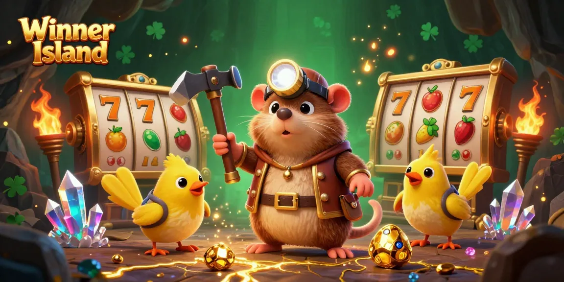 Experience the thrill at Winner Island with treasure hunting, glowing crystals, and vibrant gaming elements.