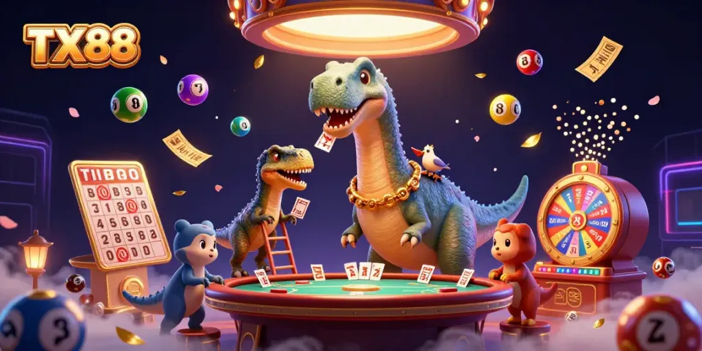 Experience thrilling moments with TX88 as animated characters engage in lively casino action amidst vibrant lottery balls and rich decorations.