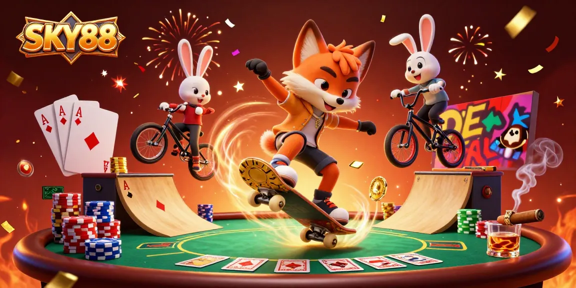 Experience the thrill of SKY88 with a vibrant 3D casino scene featuring a skateboarder fox and BMX rabbit.