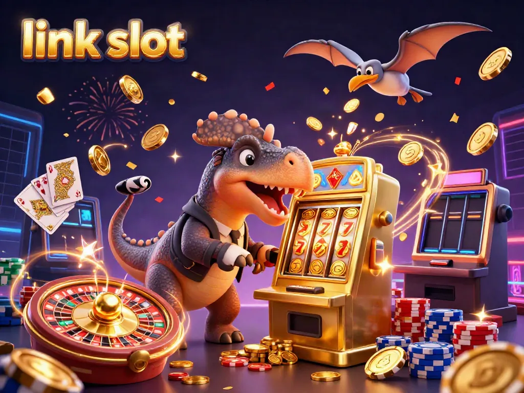 Experience the thrill of link slot jackpots with dynamic characters and vivid casino elements.