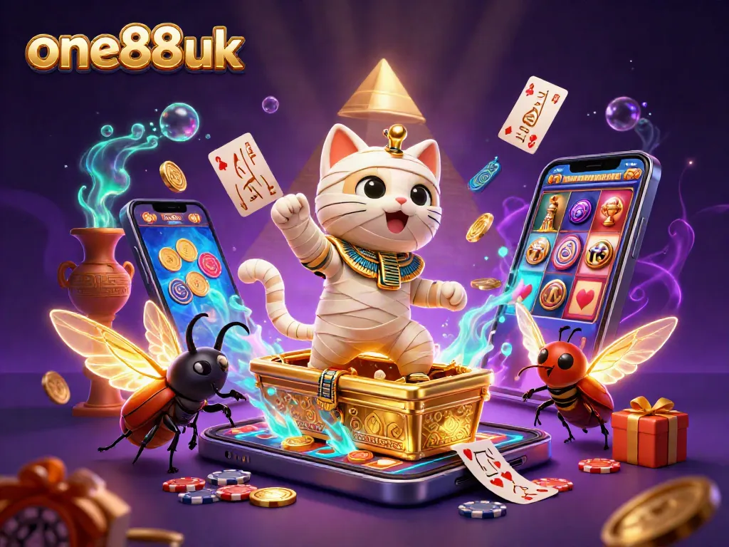 Experience the thrill of one88uk with a dynamic 3D scene featuring a mummy cat and golden gaming elements.