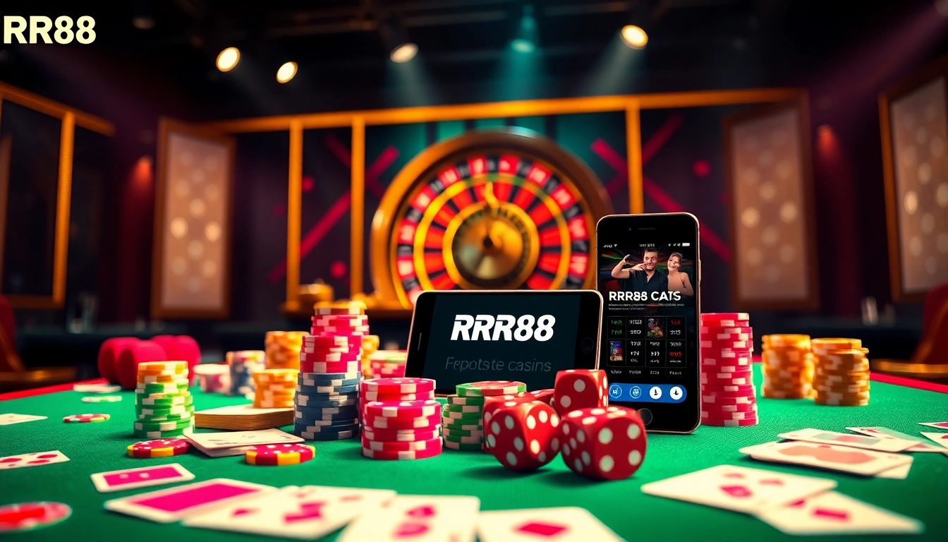Engaging casino scene with RR88 elements featuring vibrant poker chips and roulette.