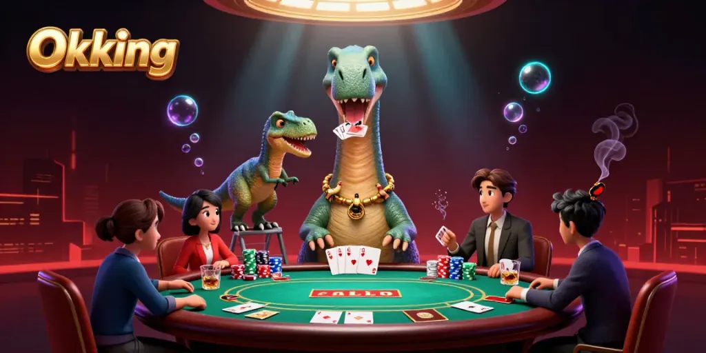 Engage with Okking's exciting casino atmosphere featuring a giant brontosaurus and clever card dealer.