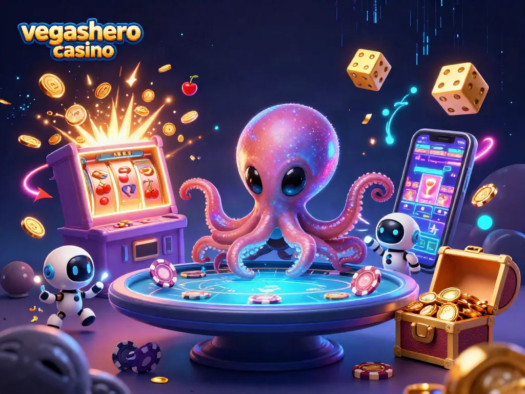 Engage with vegashero casino through a vibrant 3D scene featuring an alien octopus and poker elements.