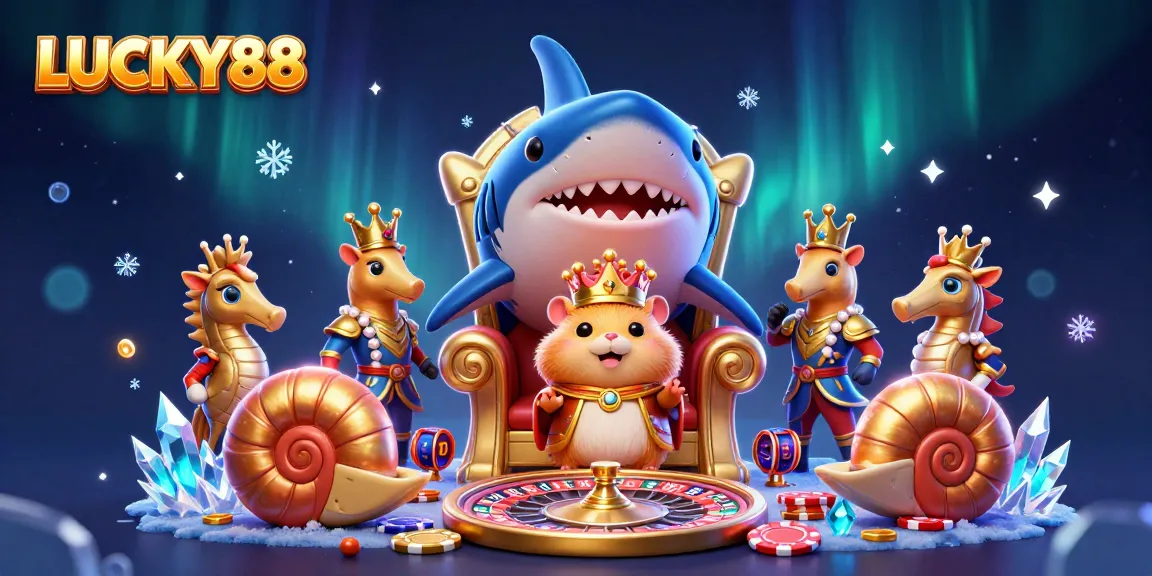 Engage with LUCKY88's vibrant casino scene featuring a golden hamster king and thrilling game elements.